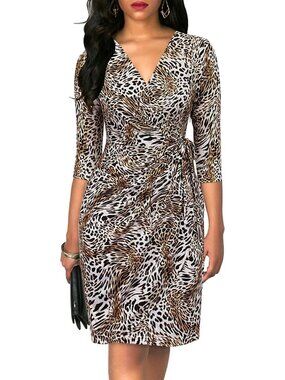Women's Leopard 3/4 Sleeve Faux Elegant V Neck Bodycon Midi Knee Wrap Dresses
